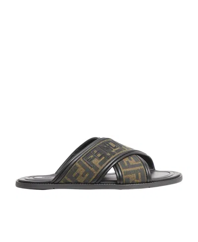 Fendi Double Crossed Band Logo Slides With Jacquard Ff Design In Black