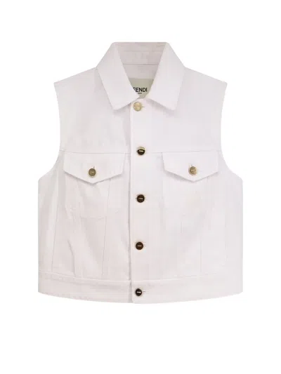 Fendi Logo Embroidered Denim Gilet In White