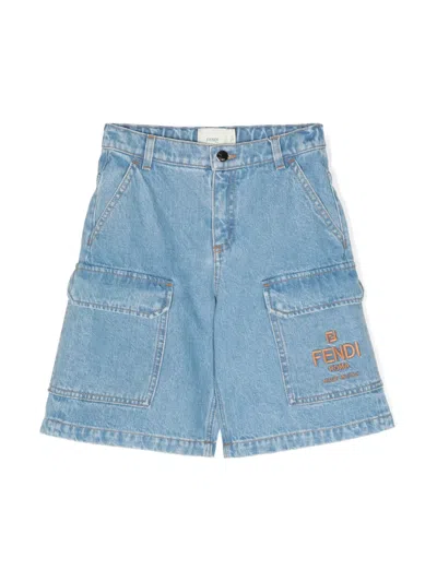 Fendi Kids' Logo-embroidered Denim Shorts In Blue