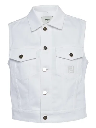 Pre-owned Fendi Logo-embroidered Denim Vest In White