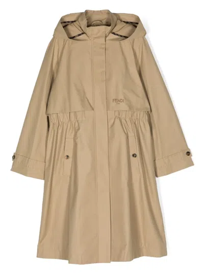 Fendi Kids' Logo-embroidered Hooded Trench Coat In Brown