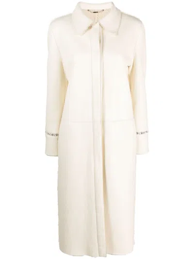 Fendi Logo-embroidered Leather Midi Coat In White