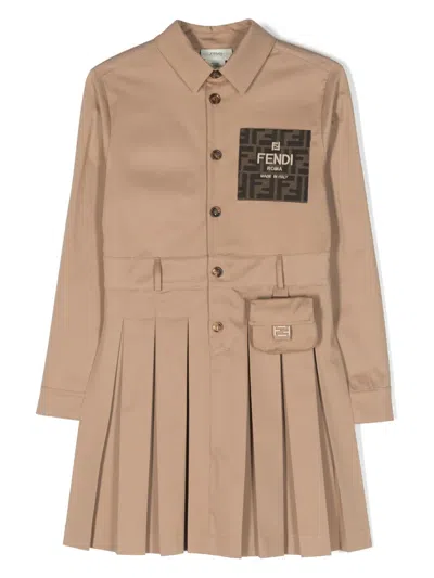 Fendi Kids' Logo-embroidered Pleated Shirt Dress In Neutrals