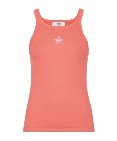Fendi Logo Embroidered Ribbed-knit Tank Top In Pink