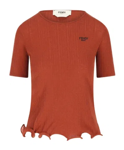 FENDI FENDI LOGO EMBROIDERED RUFFLED-HEM RIBBED TOP