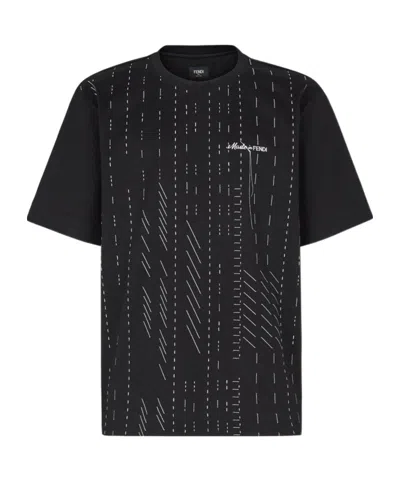 Fendi Logo-embroidered Stitching T-shirt In Black