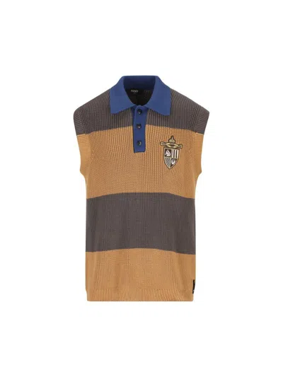 Fendi Logo Embroidered Striped Knitted Polo Shirt In Multi