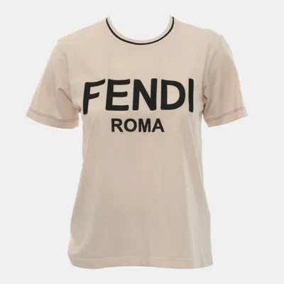 Pre-owned Fendi Logo Embroidered T-shirt Size M In White