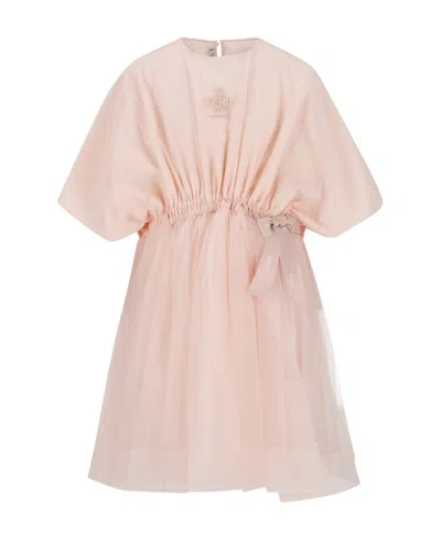 Fendi Logo-embroidered Tulle Dress In Pink