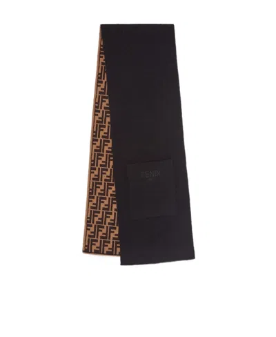 Fendi Logo-embroidered Wool-cashmere Blend Scarf In Black