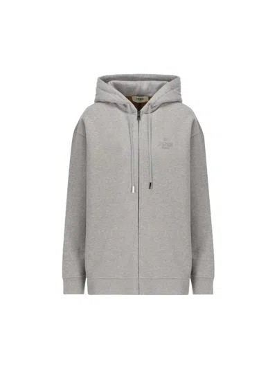 Fendi Logo Embroidered Zip-up Drawstring Hoodie In Grey