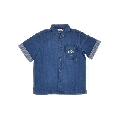 Fendi Logo Embroidery Denim Shirt Kids In Blue
