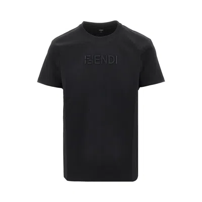 Fendi Logo Embroidery Slim Fit T-shirt In Black