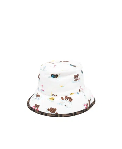 Fendi Kids Teddy Bear Printed Reversible Bucket Hat In White