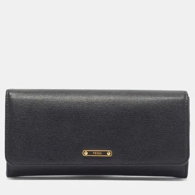 Pre-owned Fendi Logo Flap Black Leather Continental Wallet