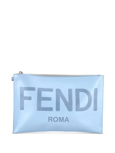 Pre-owned Fendi Logo Flat Wristlet Pouch Embossed Leather Large Clutch Bag In Blue