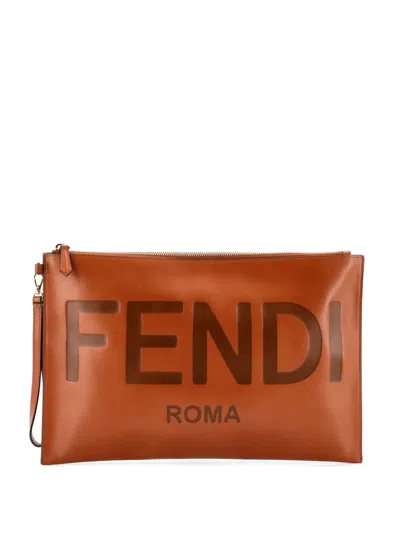 Pre-owned Fendi Logo Flat Wristlet Pouch Embossed Leather Large Clutch Bag In Brown