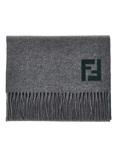 Fendi Men Grey Scarf With Fringed Hem And Ff Embroidery On The Front In Wool And Cashmere Man In Gray