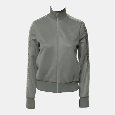 Pre-owned Fendi Logo Grey Cotton Polyester Jacquard Bomber Jacket Size S In Gray
