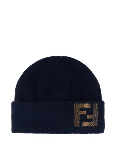 Fendi Men Midnight Blue Wool Blend Beanie Hat