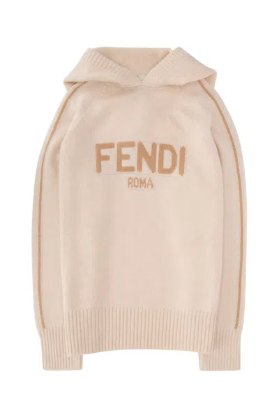 Fendi Kids' Logo Intarsia Long-sleeved Knitted Hoodie In Neutral