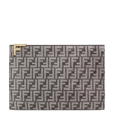 Fendi Logo-jacquard Clutch In Gray