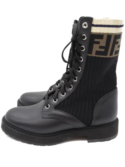 Pre-owned Fendi Logo-knit Leather Boots In Black