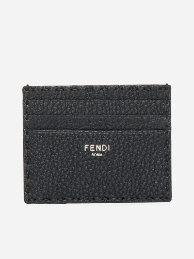 Fendi Logo Leather Card Holder In Black