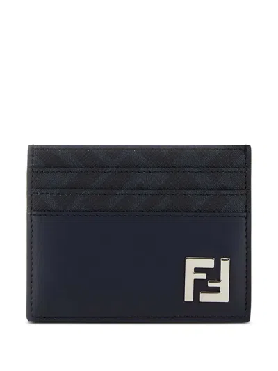 Fendi Logo Leather Card Holder In Blue