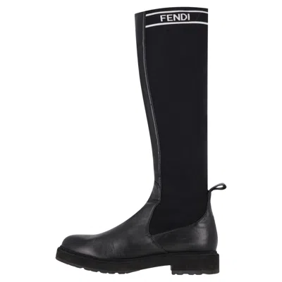 Pre-owned Fendi Logo Leather Knee Sock Boots In Black