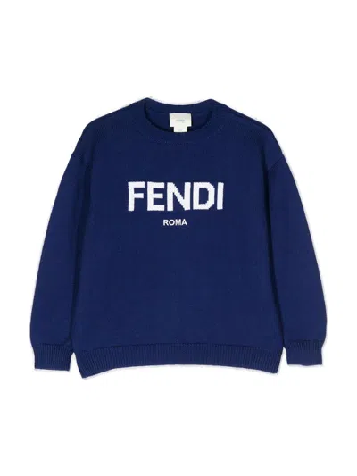 Fendi Kids' Logo Lettering Crewneck Jumper In Blu