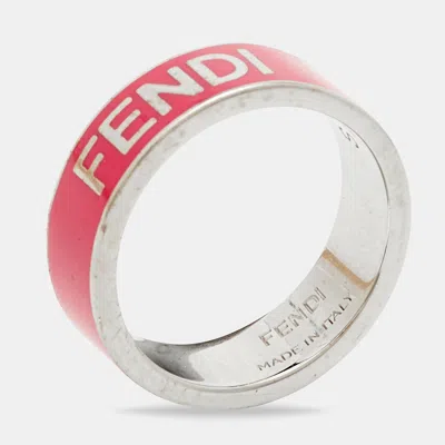 Pre-owned Fendi Logo Lettering Pink Enamel Silver Tone Band Ring Size 58