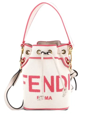 Pre-owned Fendi Logo Mon Tresor Embroidered Canvas Mini Bucket Bag In Pink
