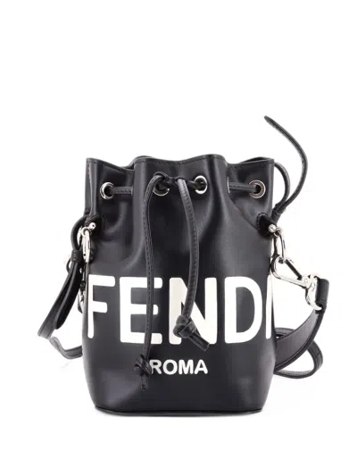 Pre-owned Fendi Logo Mon Tresor Leather Mini Bucket Bag In Black