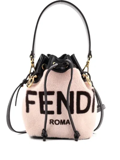 Pre-owned Fendi Logo Mon Tresor Printed Fur With Leather Mini Bucket Bag In Neutral