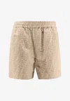 Fendi Women Beige Shorts With Elastic Waist And Wide Leg In Chambray Ff Woman In Neutral
