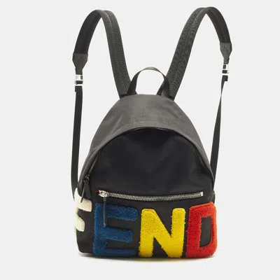Pre-owned Fendi Logo Multicolor Shearling Fur And Nylon Backpack