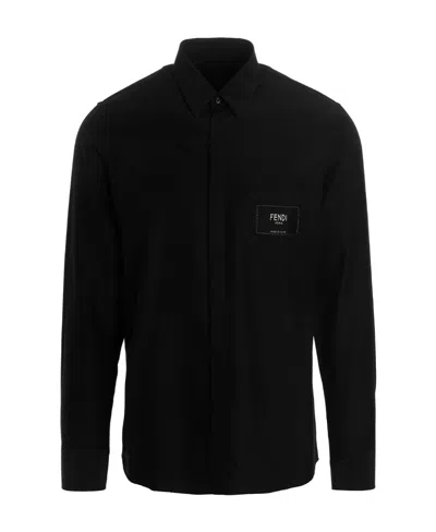 Fendi Logo-patch Button-up Shirt In Black