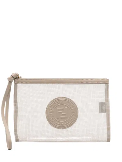 Fendi Logo-patch Clutch Bag In Neutrals