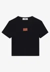 Fendi Cotton Crewneck Logo Top With Ribbed Knit And Leather Patch In Black