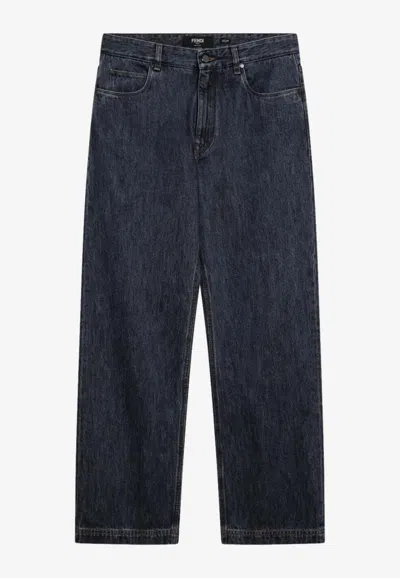 Fendi Logo Patch Long Washed Jeans In Brown