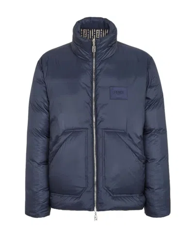 Fendi Logo-patch Reversible Puffer Jacket In Blue