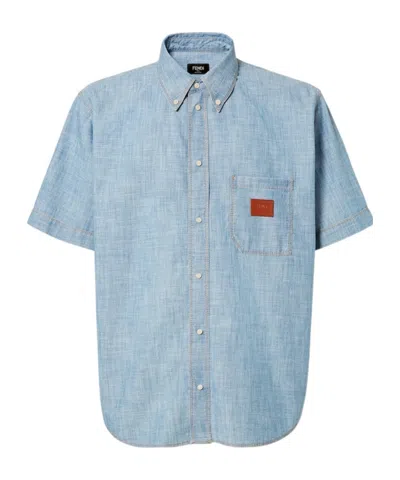 FENDI FENDI LOGO PATCH SHORT SLEEVED DENIM SHIRT