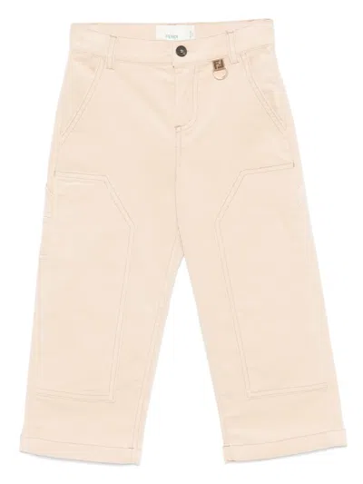 Fendi Kids' Logo-patch Straight Trousers In Neutrals