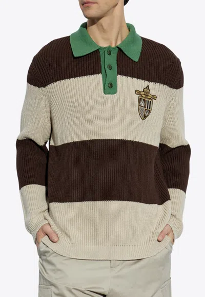 FENDI LOGO-PATCH STRIPED POLO SWEATER