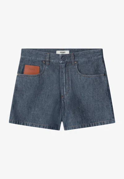 Fendi Logo Patch Washed Denim Mini Shorts In Blue