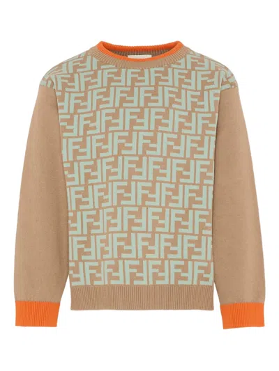 Fendi Kids' Logo-pattern Crew-neck Sweater In Brown