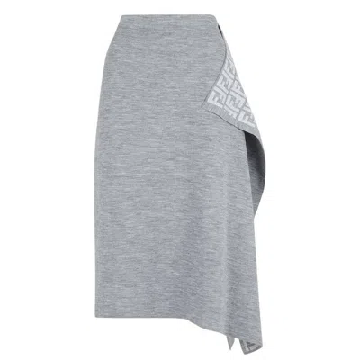 FENDI FENDI LOGO PATTERN MIDI DRAPE WOOL SKIRT