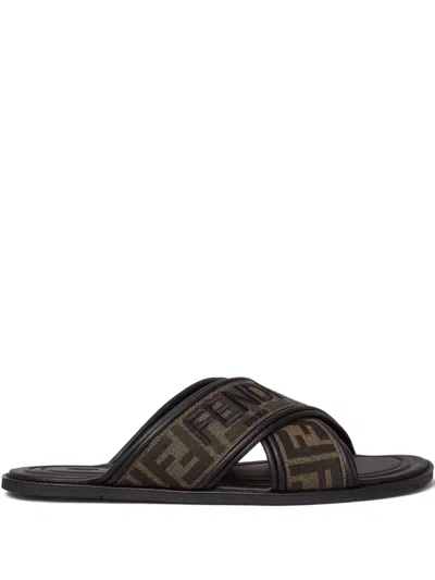 Fendi Double Crossed Band Logo Slides With Jacquard Ff Design In Black