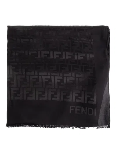 Fendi Rectangular Stole 65x200 Fringed Edges In Black